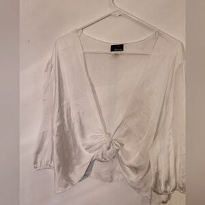 Plus Size White Satin Tie Front Crop Top